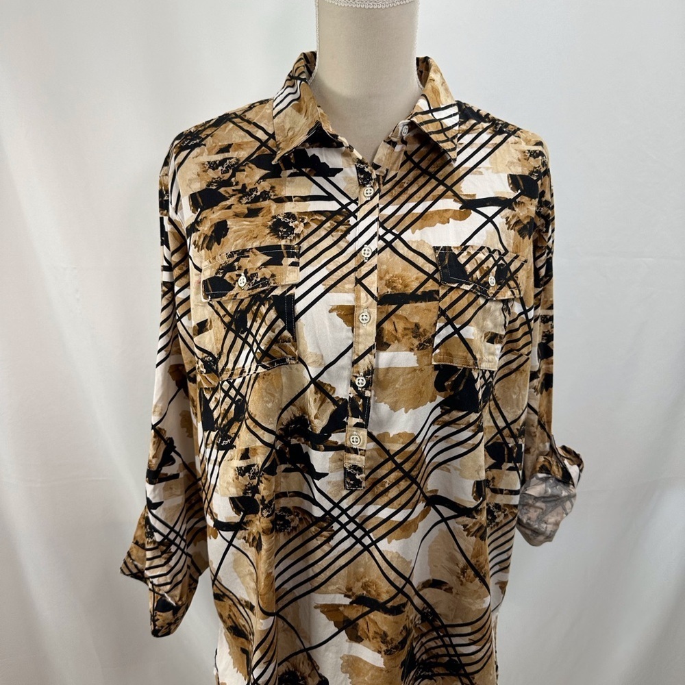 Dana Buchman Brown Abstract Button Pullover Shirt Size XL Roll-Tab Sleeve - Picture 6 of 8
